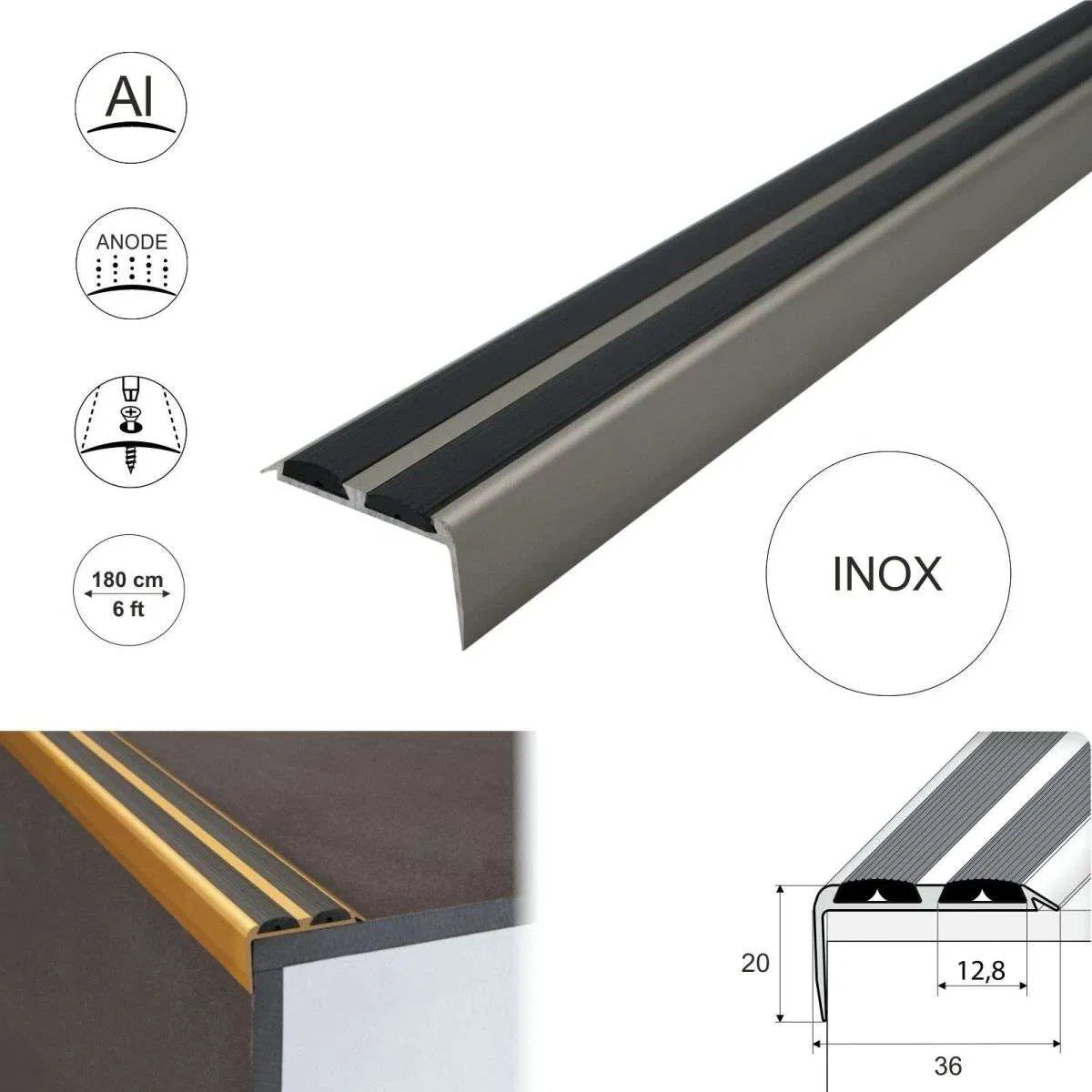 Aluminum Non Slip Rubber Stair Nosing Edge Trim With Insert